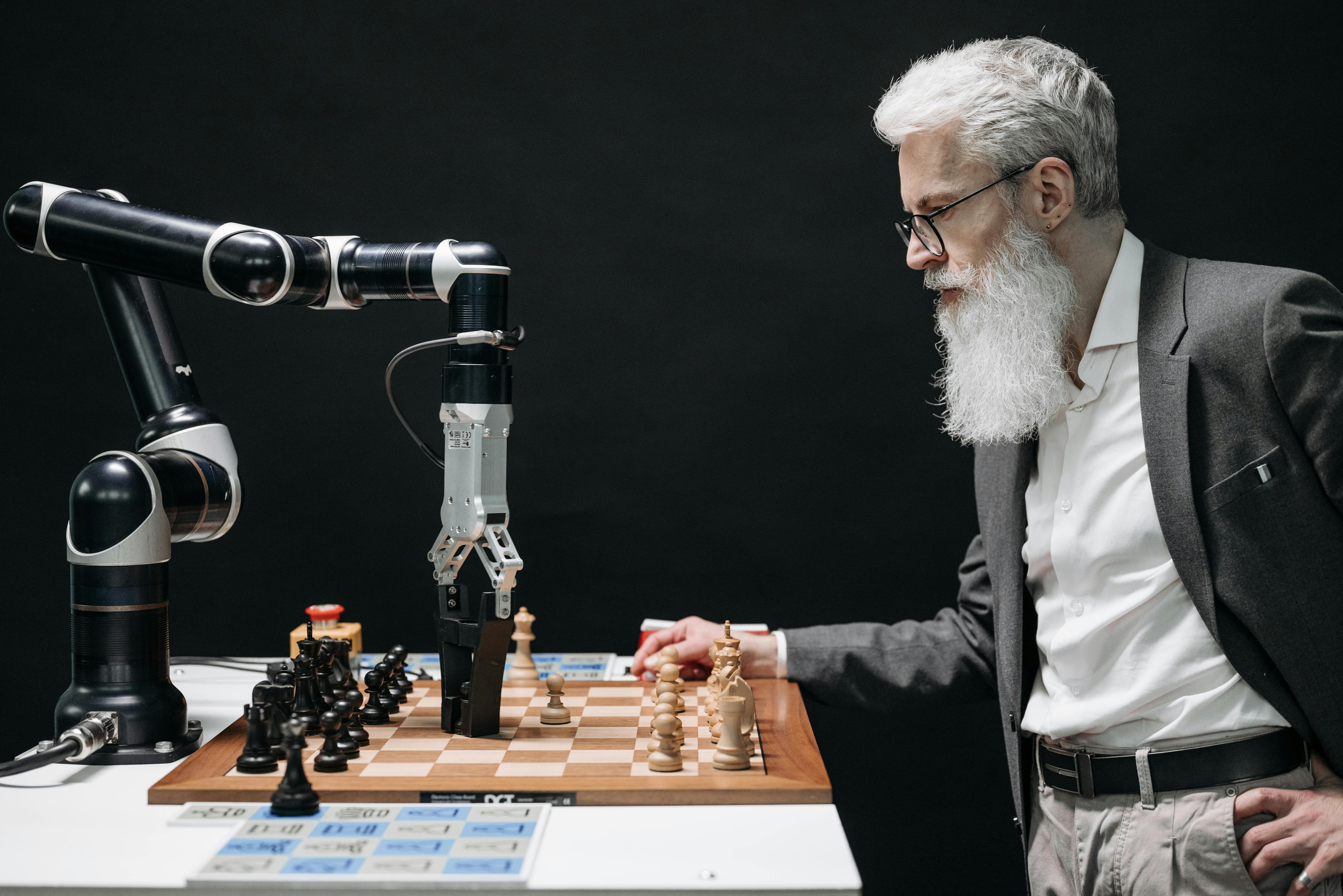AI Business Model Man playing chess against AI player